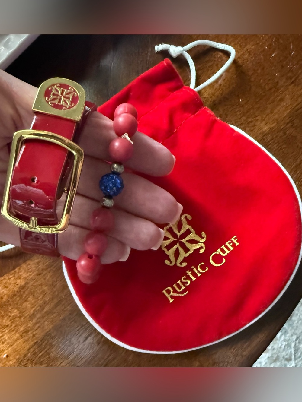 Rustic Cuff Red Patent Belt with Red Bead Bracelet and Blue Accent